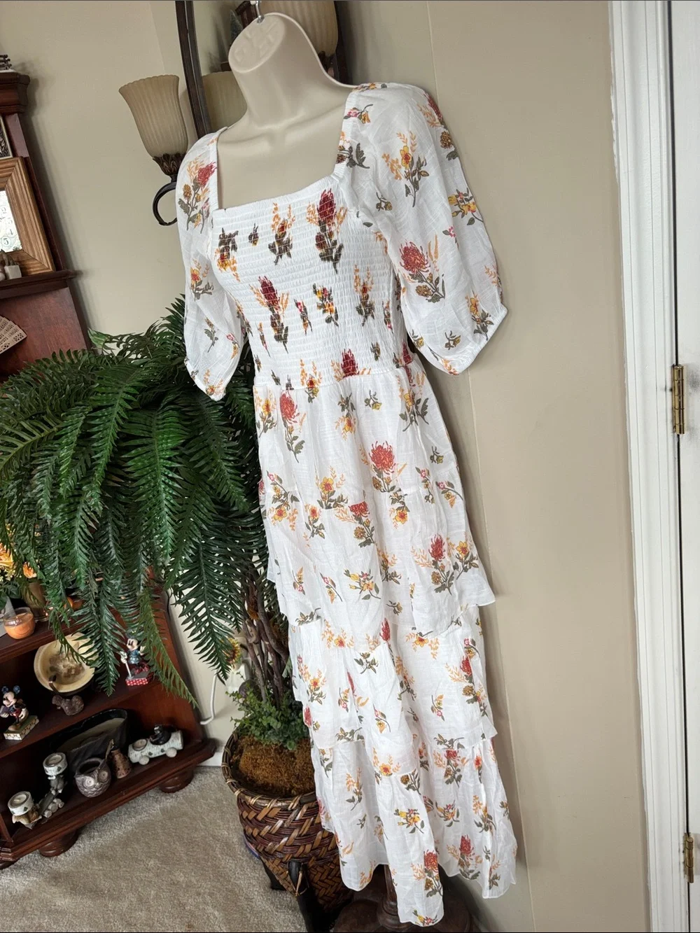 J. Gee White Boho Floral Tiered Maxi Dress Smocked Bodice Ruffle Puff Sleeves - Picture 7 of 15